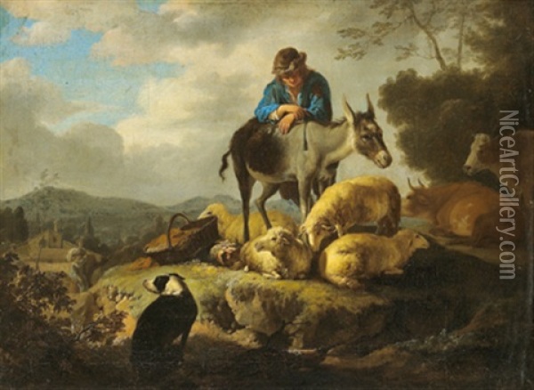 Rastender Hirt Mit Seiner Herde In Einer Sudlichen Landschaft Oil Painting - Carl Borromaus Andreas Ruthart
