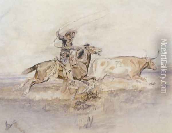 Cowboy Lassoing A Steer Oil Painting - Charles Marion Russell