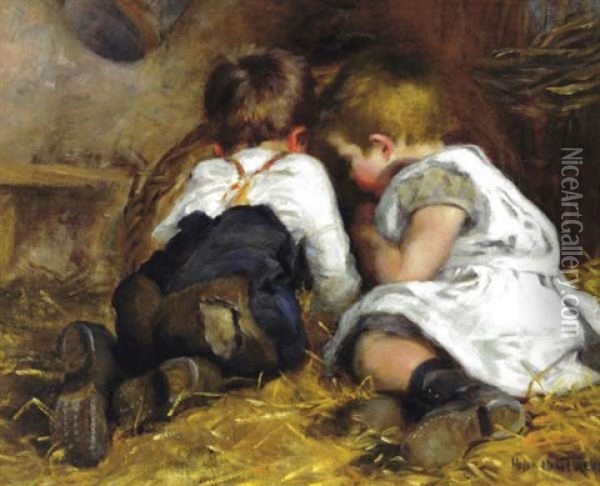 Children Playing In A Barn Oil Painting - Helen Mable Trevor