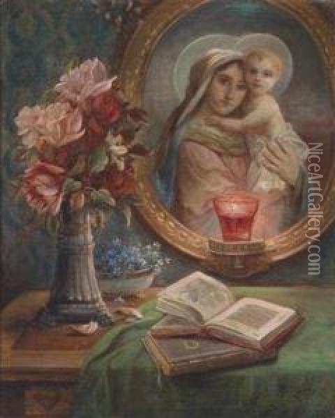 Still Life With Roses And Picture Of The Madonna Oil Painting - Hans Zatzka