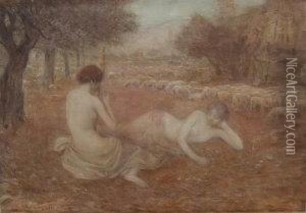 Mythological Scene With Two Draped Nudes In A Landscape With Sheep Oil Painting - Louis-Joseph-Raphael Collin