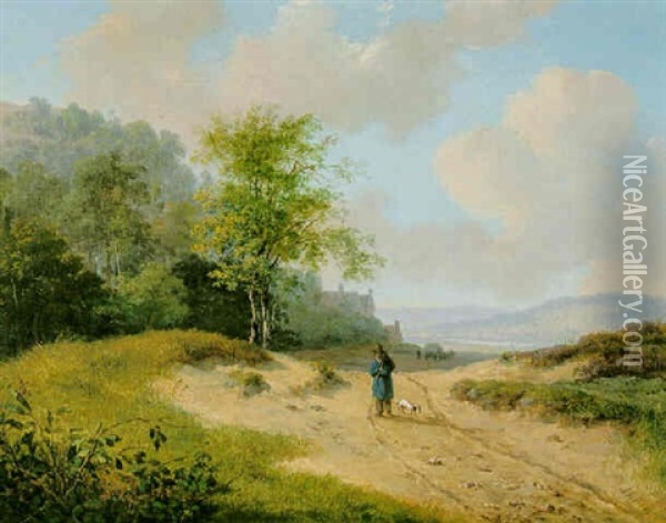 Traveller With His Dog In An Extensive Summer Landscape Oil Painting - Andreas Schelfhout