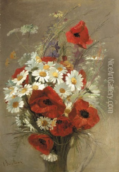 A Still Life Of Poppies And Daisies In A Vase Oil Painting - Jacques Alfred Brielman