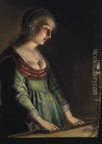 An Elegant Lady Playing The Spinet By Candlelight Oil Painting - Adam de Coster