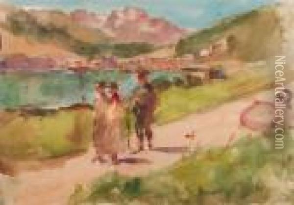 Going For A Walk By A Mountain Lake Near Bern, Switzerland Oil Painting - Isaac Israels
