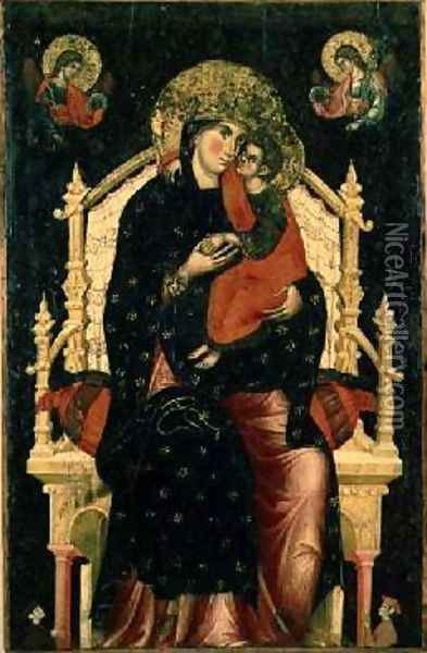 Madonna and Child Enthroned with Donors Oil Painting - Pietro di Giovanni Lianori