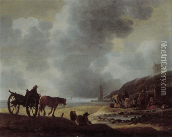 A Beach Scene With Fisherfolk And Their Catch, A Peasant In A Horse Drawn Carriage Approaching Oil Painting - Willem Gillisz Kool