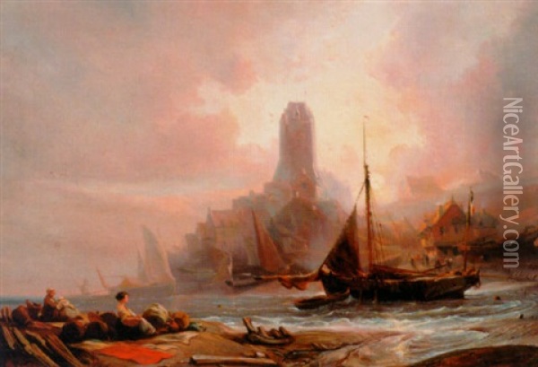 A Ship In A Normandy Bay In Rough Weather Oil Painting - Pierre Alexandre Poitevin