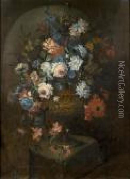 Nature Morte Au Bouquet De Fleurs Dans Un Vase Sculpte Oil Painting - Pieter III Casteels