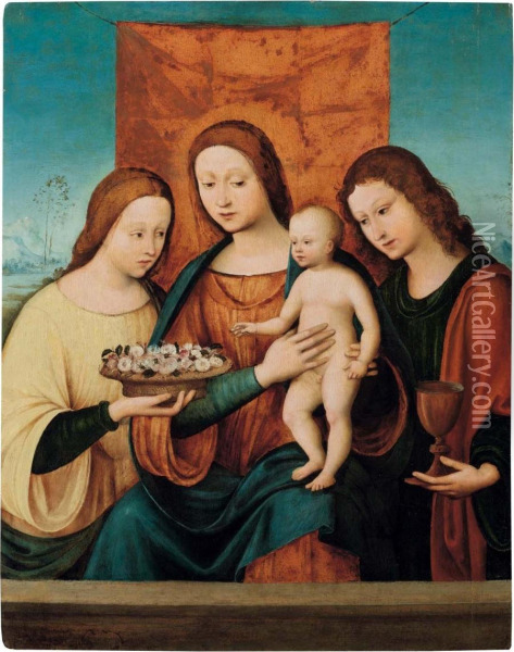 La Madonna Col Bambino Tra Santa Zita E San Giovanni Evangelista Oil Painting - Lorenzo Costa