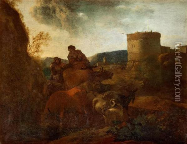 Pastoralt Landskap Med Figurer Och Boskap. Oil Painting - Nicolaes Berchem