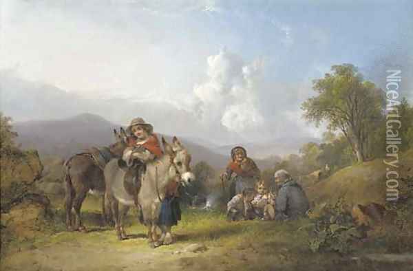 Travellers in an extensive landscape, traditionally identified as Perlieu Common near Southampton Oil Painting - William Joseph Shayer