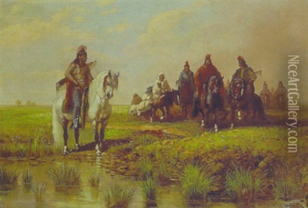 Mounted Indians Near A Stream Oil Painting - James Walker