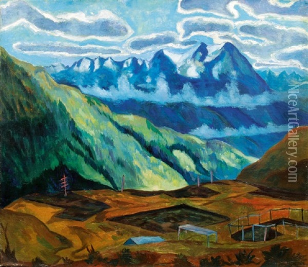 Alpine Landscape (+ Harbour, Verso) Oil Painting - Heinrich Bohler