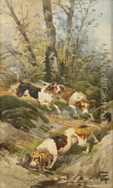 Bassets Chassant Un Lievre Oil Painting - Hippolyte Jean Adam Gide
