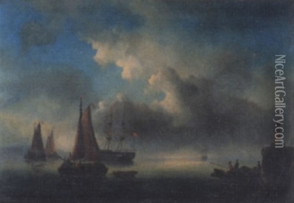 Fischerboote Und Zweimaster An Der Hafenausfahrt Oil Painting - Georges Viard
