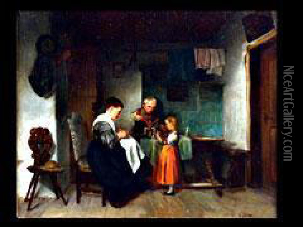 Mutter Mit Zwei Kindern In Der Stube Oil Painting - Victor Tobler