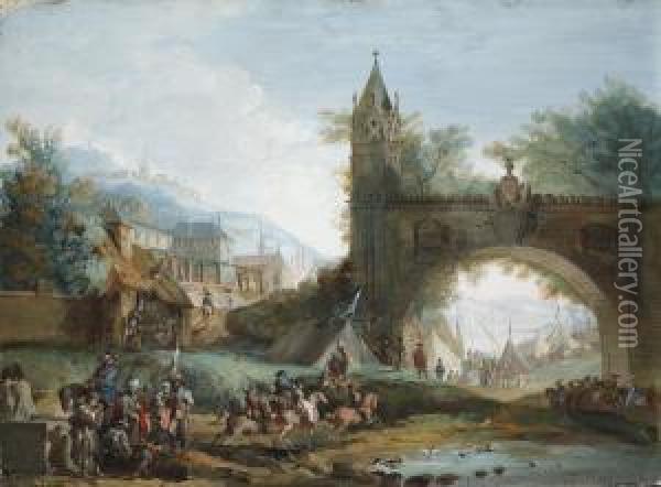 Landscape With Soldiers On Horseback And An Archedbridge Oil Painting - Giuseppe Bernardino Bison