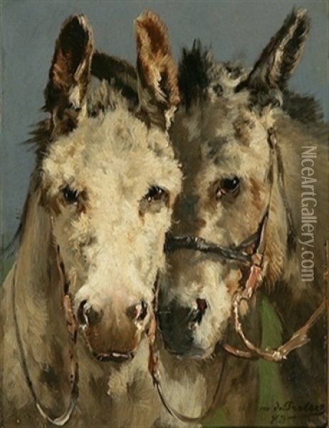 Deux Tetes D'anes Oil Painting - Edmond Joseph De Pratere