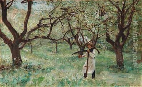 In Harvest Time, A Man Sharpening His Scythe Oil Painting - Sigvard Marius Hansen