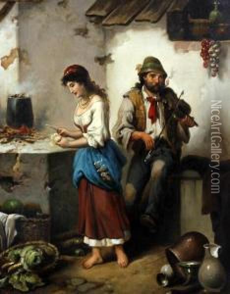 Maid And Pedlar Before A House Together Oil Painting - F. Morelli