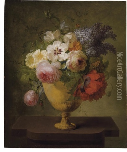 Roses, Lilacs And Other Flowers In A Vase, On A Stone Ledge Oil Painting - Joseph-Laurent Malaine