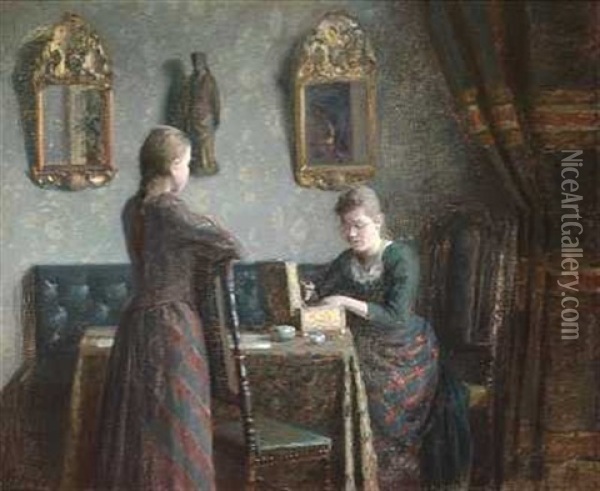 Interior Med Mor Og Datter, Der Beundrer Smykkerne I Et Gyldent Skrin Oil Painting - Julius Jersild