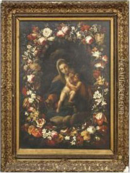 Vierge A L'enfant Dans Une Guirlande De Fleurs Oil Painting - Pier Francesco Cittadini Il Milanese