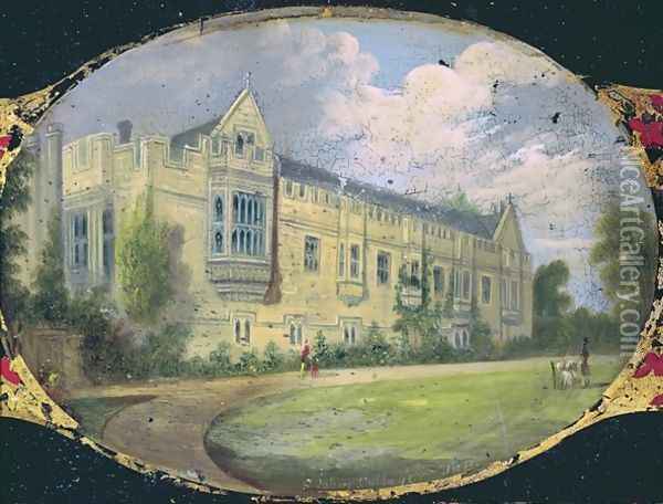 Victorian sewing box panel decorated with an oval cameo of St Johns College gardens Oil Painting - L. and Bettridge, H. Jennens