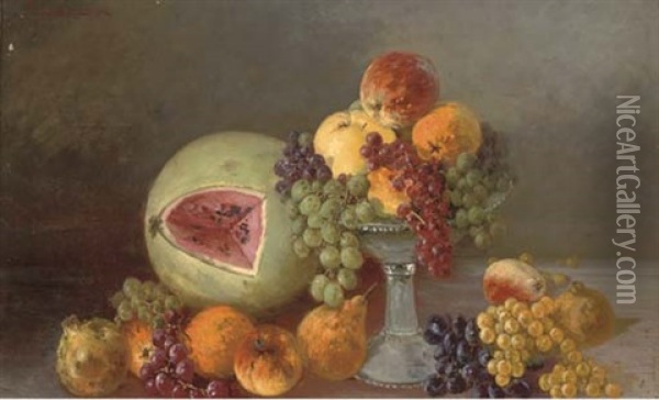 A Melon, Oranges, Pears, Grapes And Pomegranates Oil Painting - Yuliy Yulevich Klever the Younger