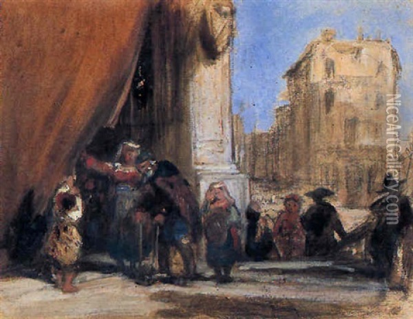 A Gathering At The Entrance To A Church In Italy Oil Painting - James Holland