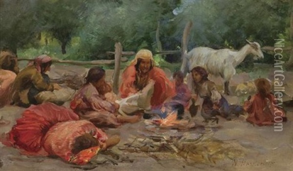 Gypsies By A Campfire Oil Painting - Nikolai Vasilievich Kharitonov