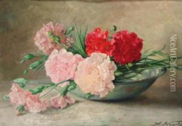 Carnations In A Bowl; And Pansies In A Bowl Oil Painting - Helene Noack
