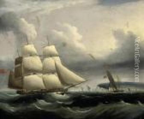 An English Frigate And A Cutter In The Channel Off The Southcoast Oil Painting - James E. Buttersworth