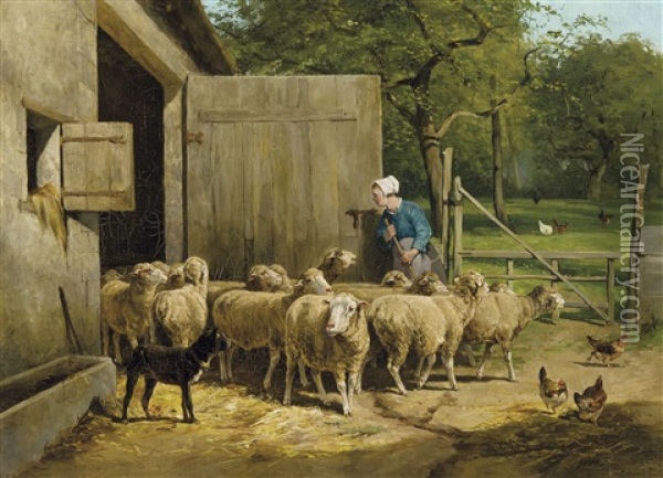 Fermiere Et Moutons Pres De L'etable Oil Painting - Frans Van Leemputten