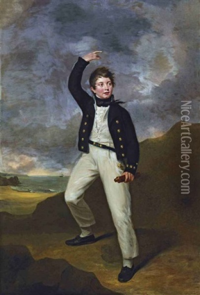 Portrait Of George James Perceval, Later 6th Earl Of Egmont, In Midshipman's Uniform, In A Coastal Landscape Oil Painting - George Francis Joseph