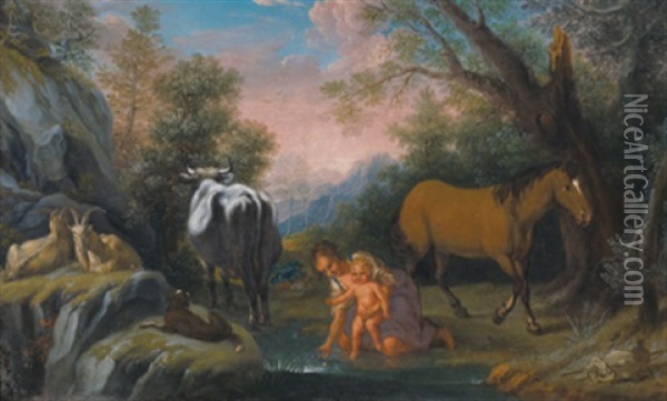 Bewaldete Landschaft Mit Einer Hirtin, Einem Kleinen Kind Und Tieren An Der Wasserstelle Oil Painting - Johann Melchior Roos