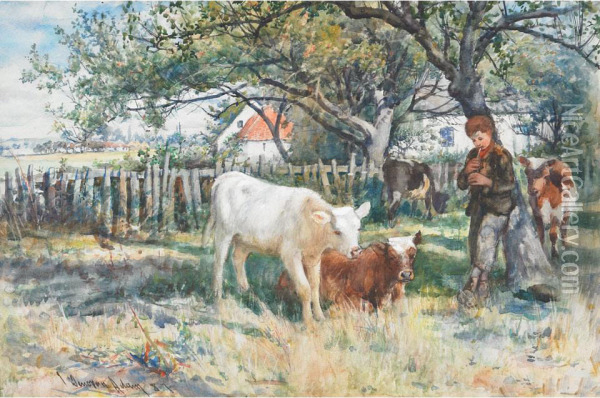 Piper Boy Calming The Calves Oil Painting - Joseph Denovan Adam
