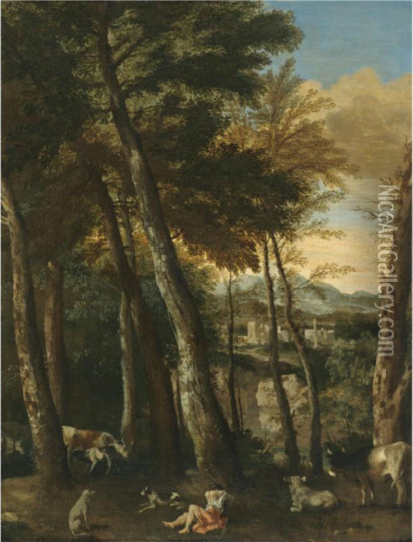 A Wooded Landscape With A Shepherd Resting Beside His Flock, A View Of The Roman Campagna Beyond Oil Painting - Master Of The Silver Crucifix