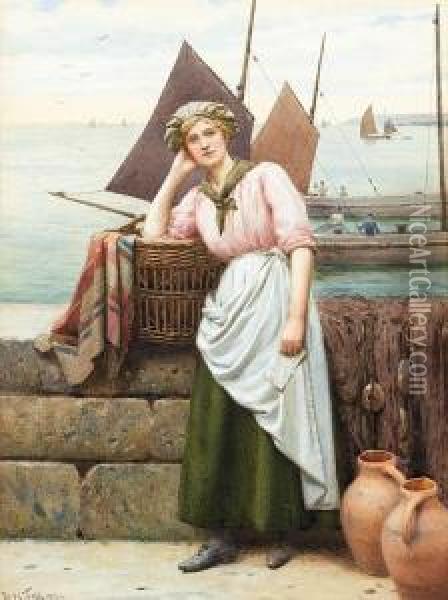 Fisher Girl At Newlyn Harbour Oil Painting - Ralph Todd