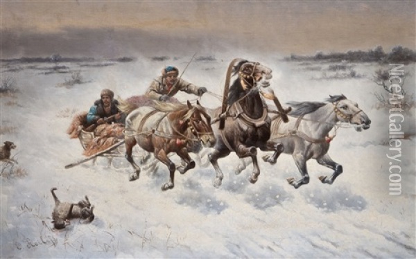 Troika In Winterlicher Landschaft Oil Painting - Adolf (Constantin) Baumgartner-Stoiloff