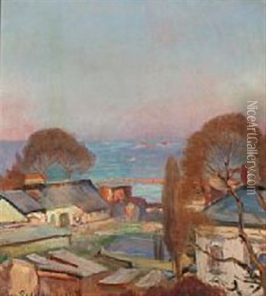 Rooftop View With The Sea In The Background Oil Painting - Viggo Pedersen