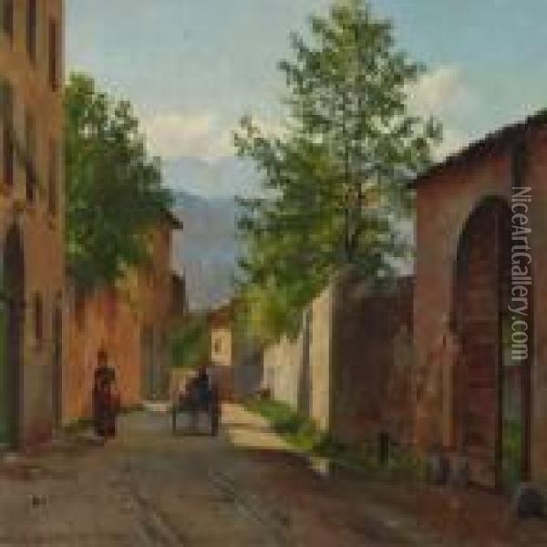 Italian Village With Cart And Woman Oil Painting - August Fischer