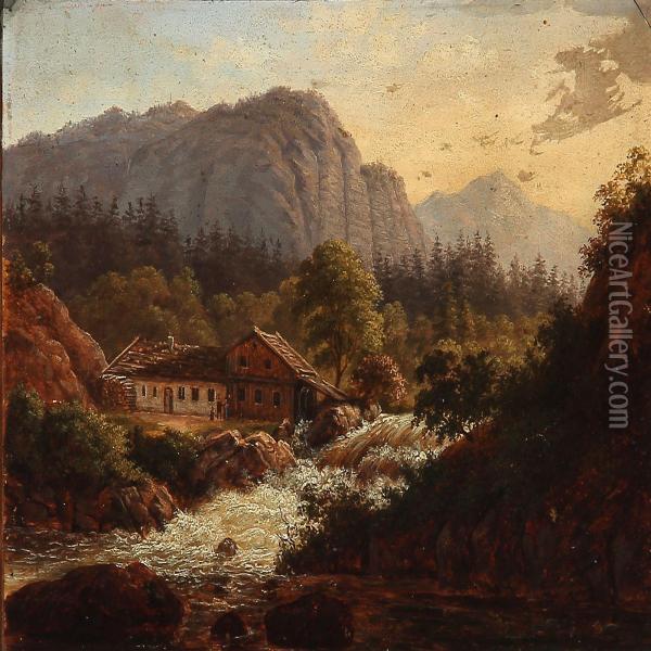 View From Norway With A Water Mill At A Stream Oil Painting - F. C. Kiaerschou