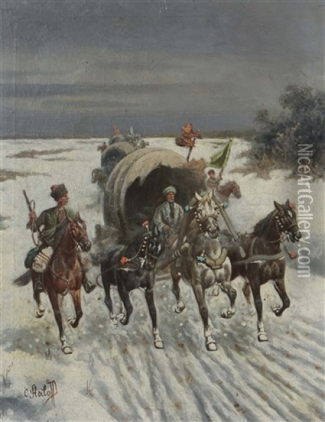 Treck In Verschneiter Russischer Landschaft Oil Painting - Adolf (Constantin) Baumgartner-Stoiloff