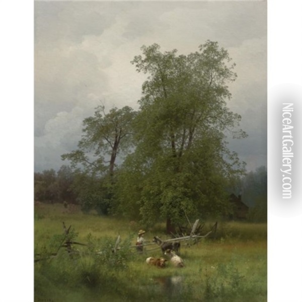 Summer Afternoon In A Meadow Oil Painting - Hermann Herzog