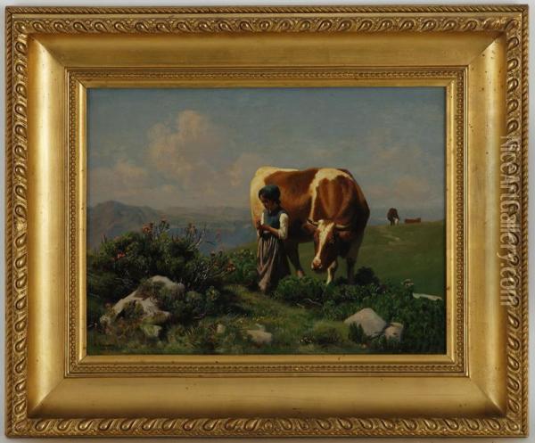Vaches Et Fillette Cueillant Des Fleurs Oil Painting - Albert Lugardon