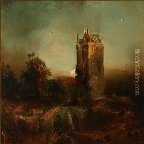 A Castle In Moonlight Oil Painting - J. Burger