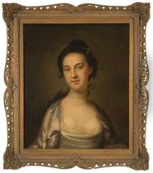 Portrait Of A Lady Wearing A Grey Dress And Pearl Necklace Oil Painting - John Ii Wollaston