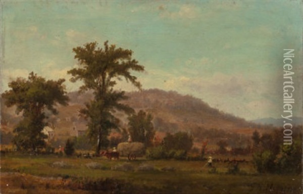 Haying In A New England Landscape, Circa 1870 Oil Painting - George Frank Higgins